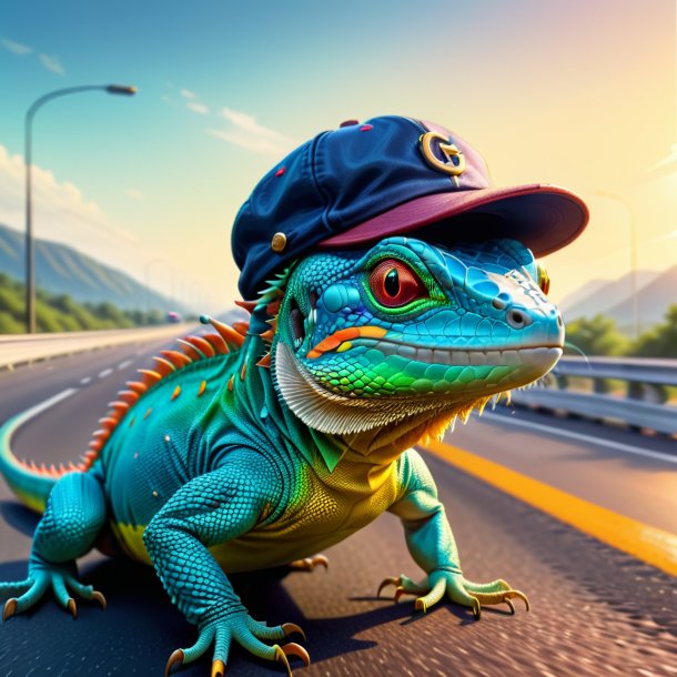 Desenho de um lagarto em um boné na estrada