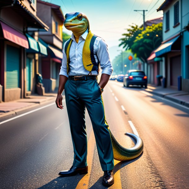 Image of a eel in a trousers on the road