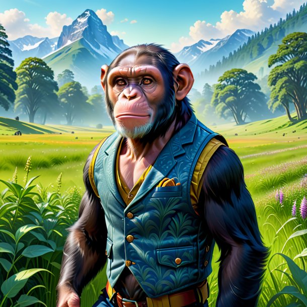 Illustration of a chimpanzee in a vest in the meadow