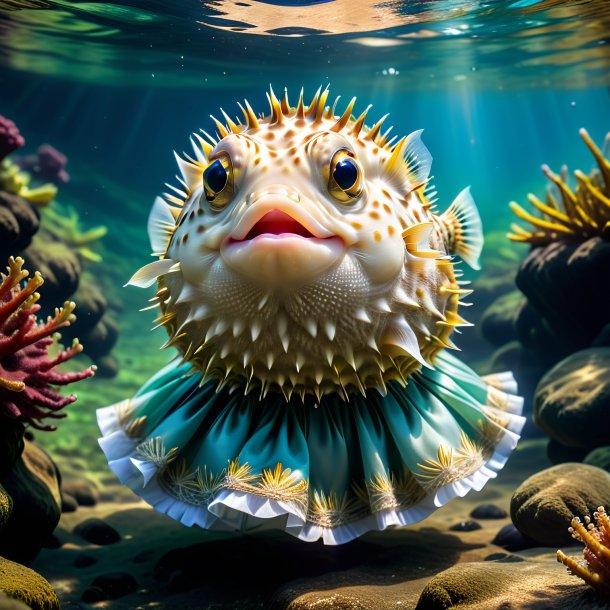 Image of a pufferfish in a skirt in the river