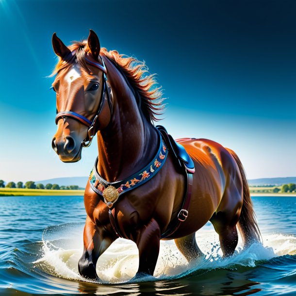 Photo of a horse in a belt in the water