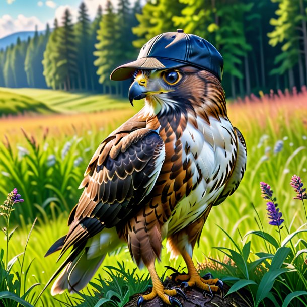 Image of a hawk in a cap in the meadow