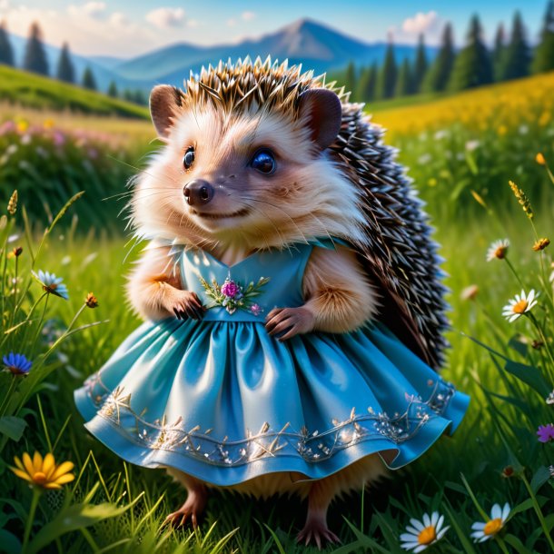 Photo of a hedgehog in a dress in the meadow