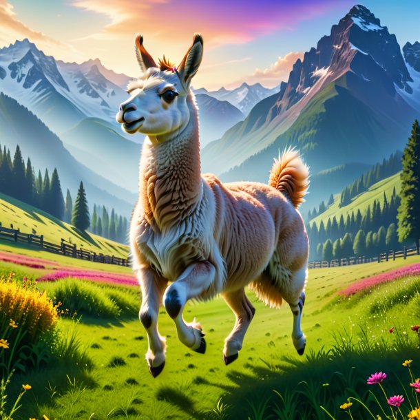 Pic of a jumping of a llama in the meadow