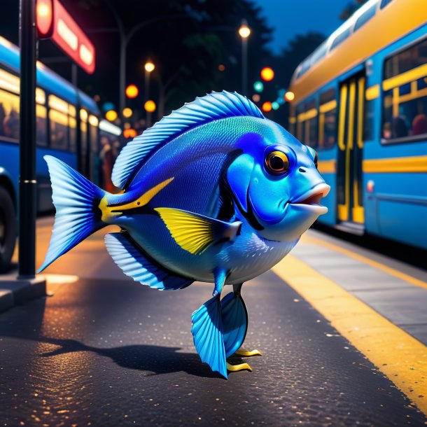 Pic of a blue tang in a jeans on the bus stop