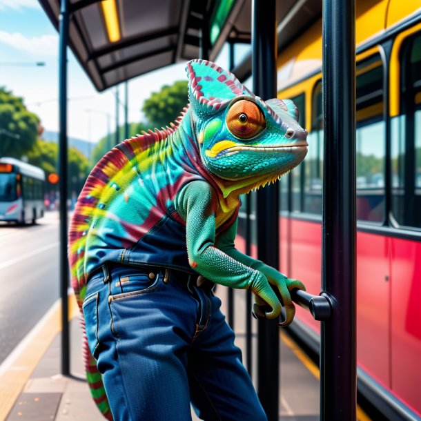 Image of a chameleon in a jeans on the bus stop