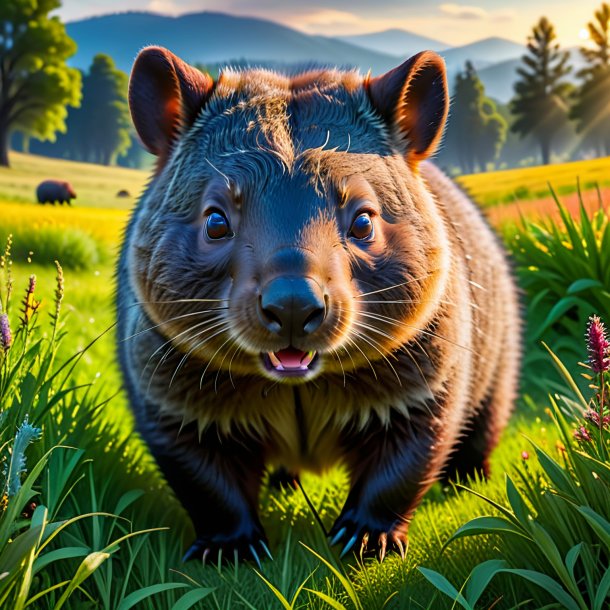 Imagen de un comer de un wombat en el prado