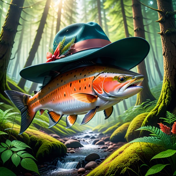 Photo of a salmon in a hat in the forest