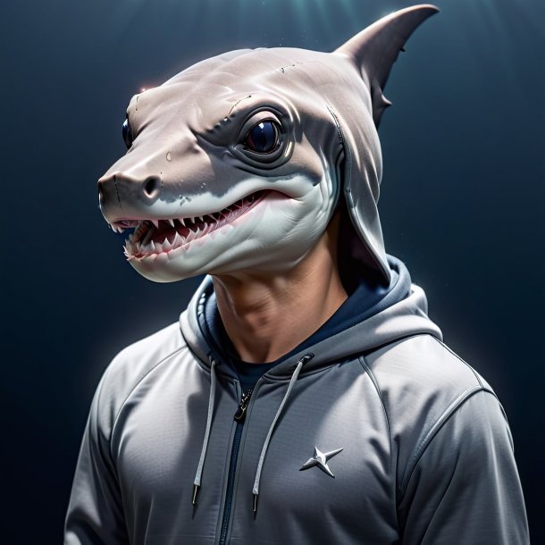 Picture of a hammerhead shark in a gray hoodie