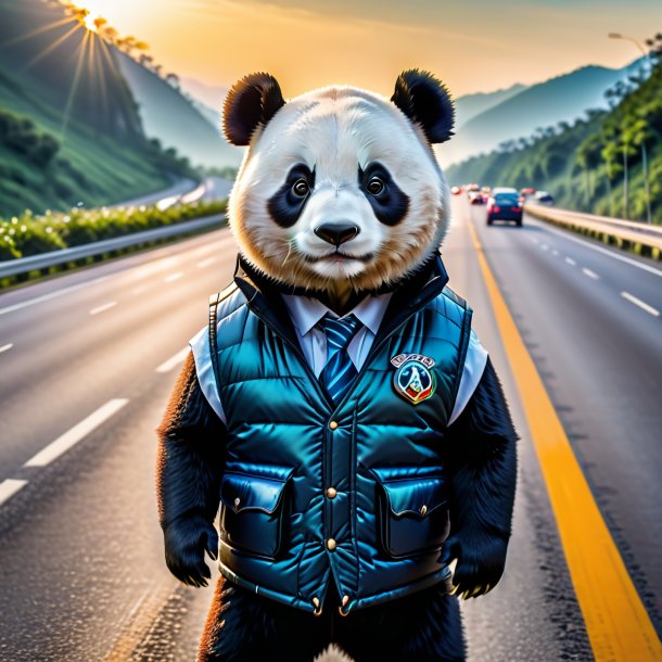 Pic of a giant panda in a vest on the highway