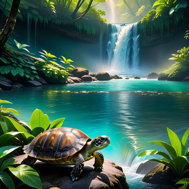 Picture of a waiting of a turtle in the waterfall