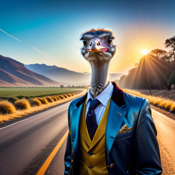 Photo of a ostrich in a jacket on the road