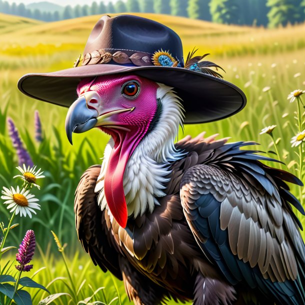 Drawing of a vulture in a hat in the meadow