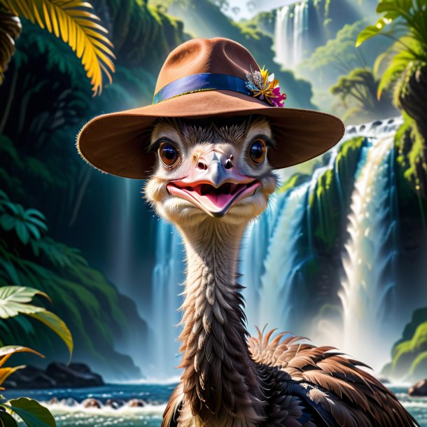 Photo of a ostrich in a hat in the waterfall