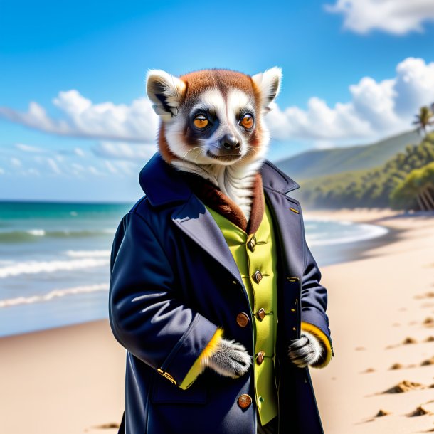 Image of a lemur in a coat on the beach