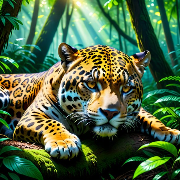 Photo of a sleeping of a jaguar in the forest