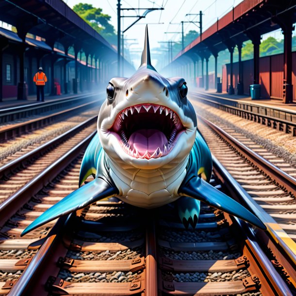 Drawing of a hammerhead shark in a belt on the railway tracks