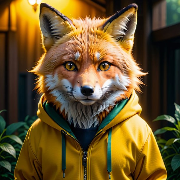 Photo of a fox in a yellow hoodie