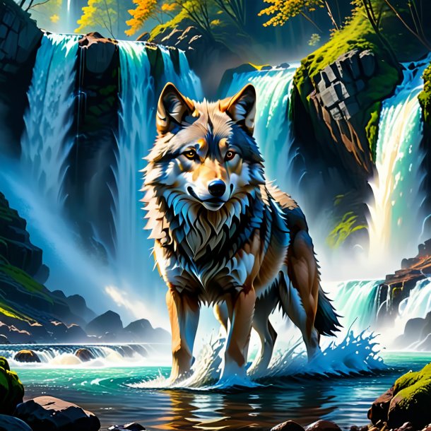 Picture of a playing of a wolf in the waterfall