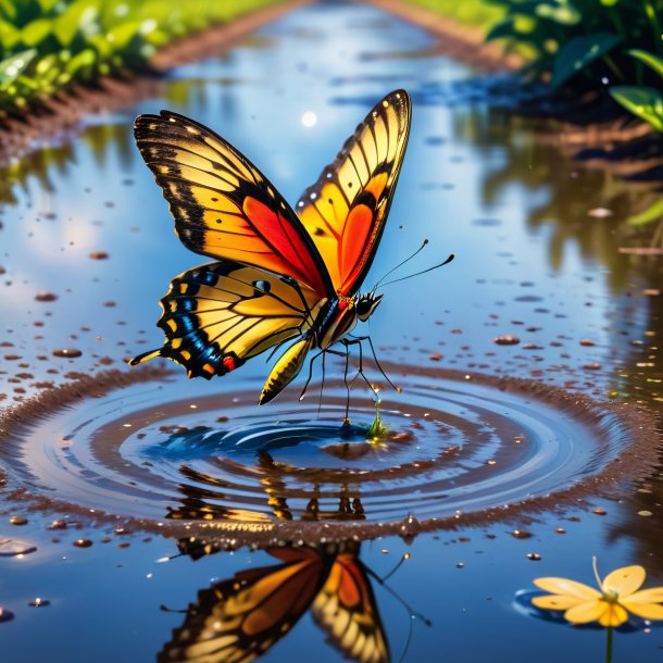 Picture of a jumping of a butterfly in the puddle