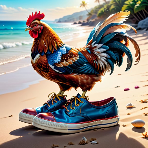 Dibujo de una gallina en zapatos en la playa