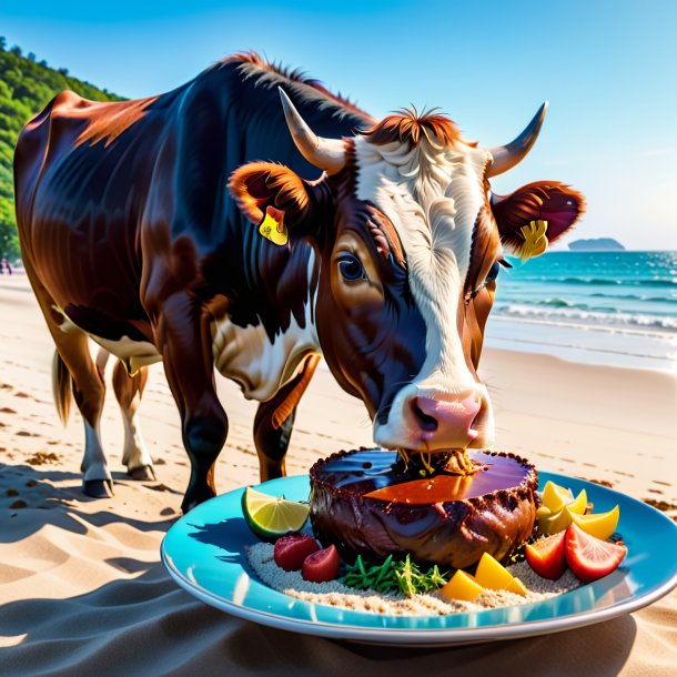 Imagem de um comer de uma vaca na praia