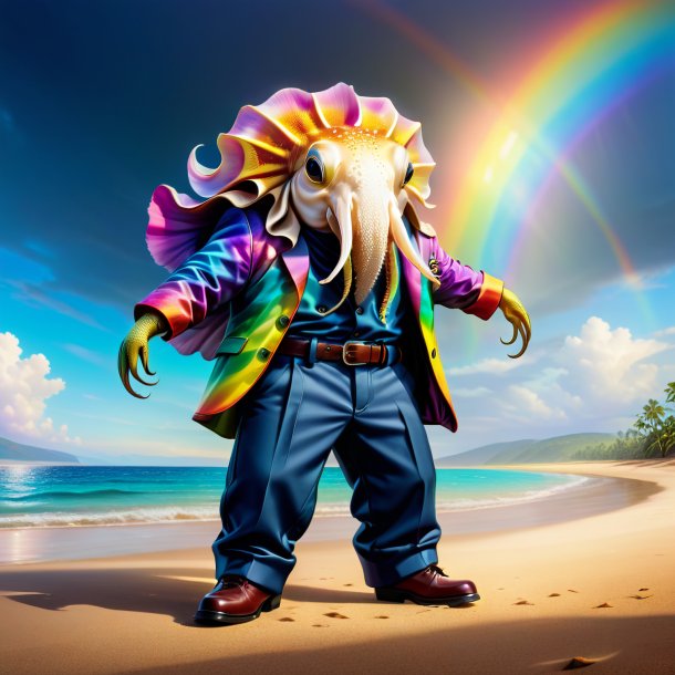 Illustration of a cuttlefish in a trousers on the rainbow