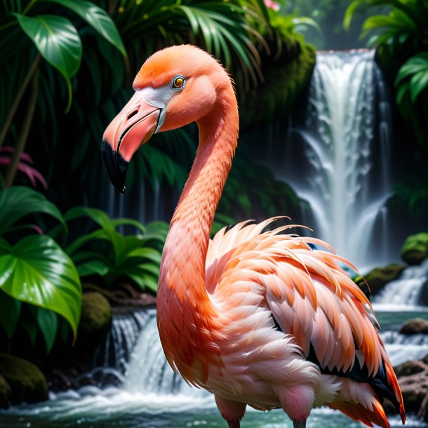 Photo of a smiling of a flamingo in the waterfall