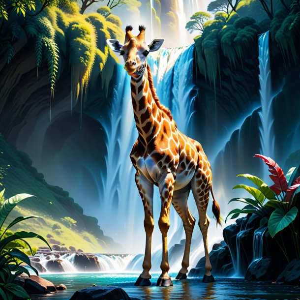 Illustration of a giraffe in a gloves in the waterfall