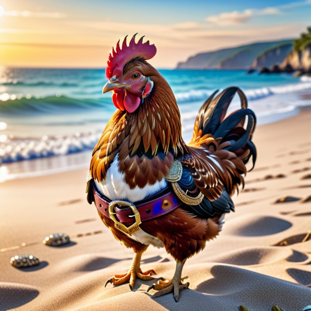 Image of a hen in a belt on the beach