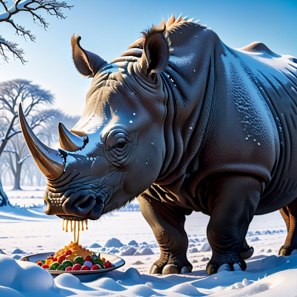 Photo of a eating of a rhinoceros in the snow