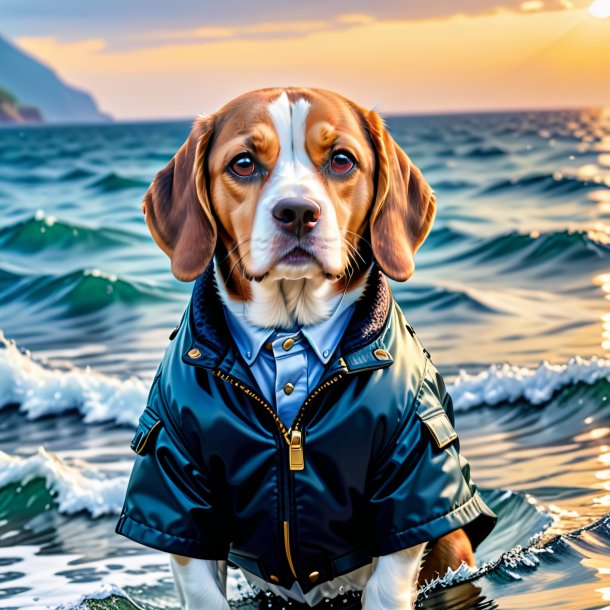 Imagem de um beagle em uma jaqueta no mar