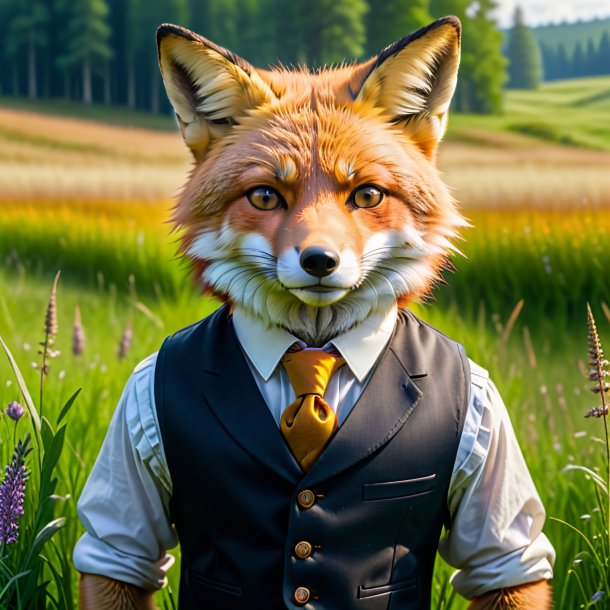 Image of a fox in a vest in the meadow