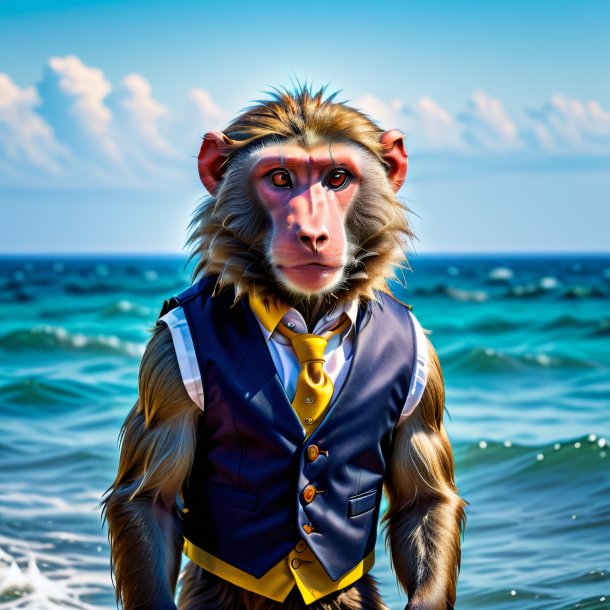 Image of a baboon in a vest in the sea