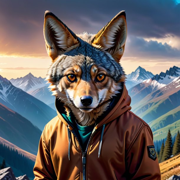 Image of a jackal in a hoodie in the mountains