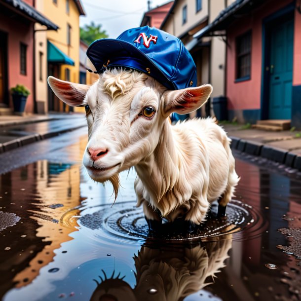 Foto de una cabra en un gorro en el charco