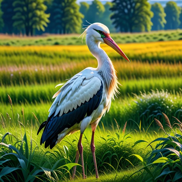 Photo of a stork in a coat in the meadow