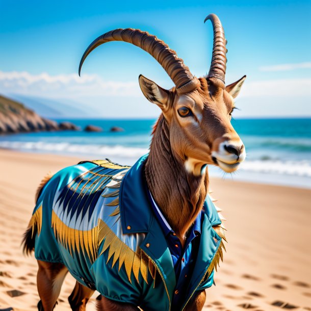 Photo of a ibex in a jacket on the beach