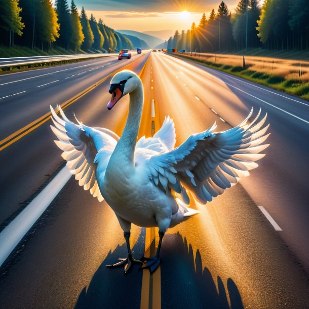 Picture of a swan in a vest on the highway