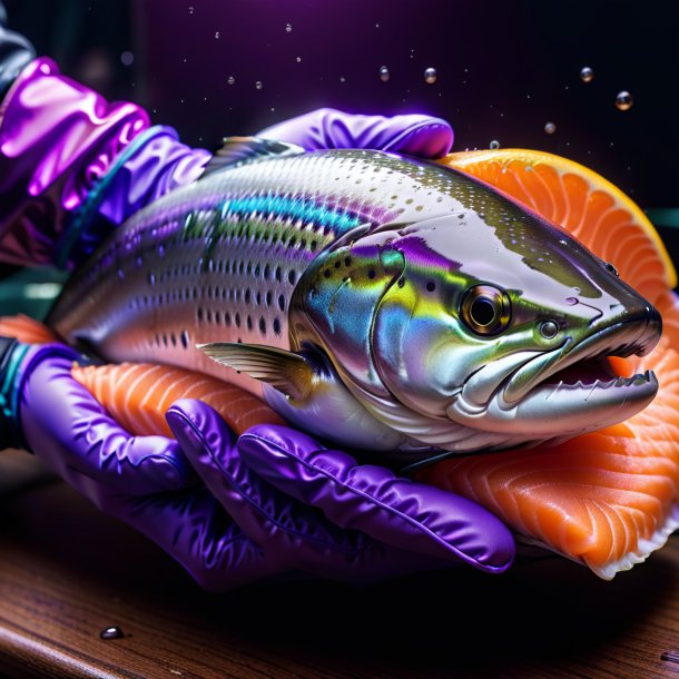 Pic of a salmon in a purple gloves