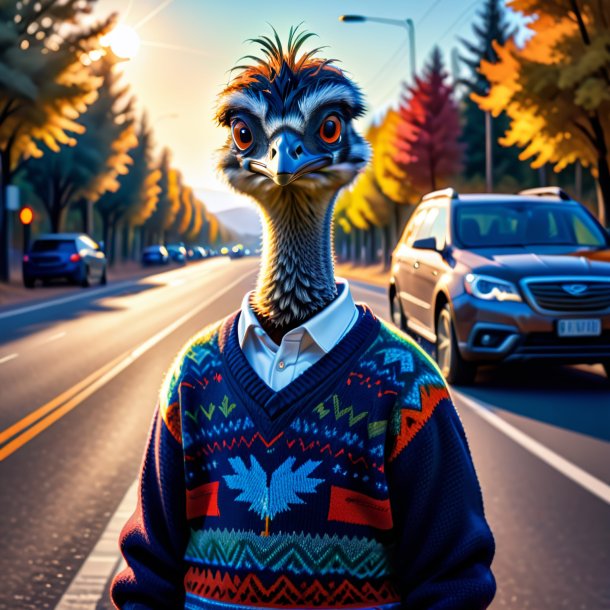 Drawing of a emu in a sweater on the road