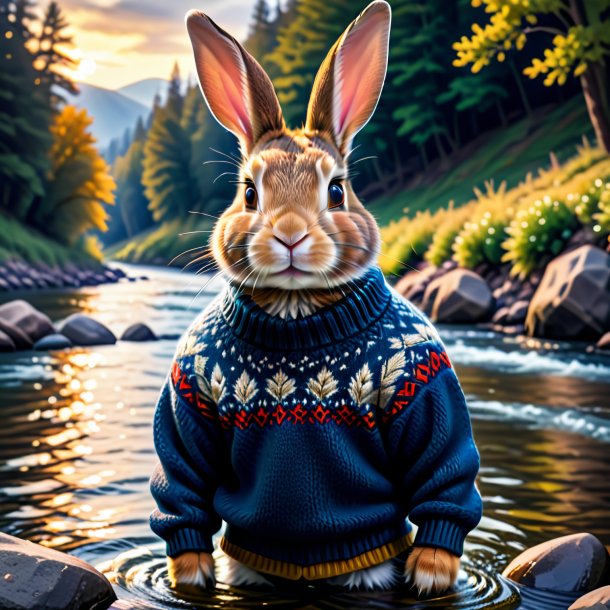 Image of a rabbit in a sweater in the river