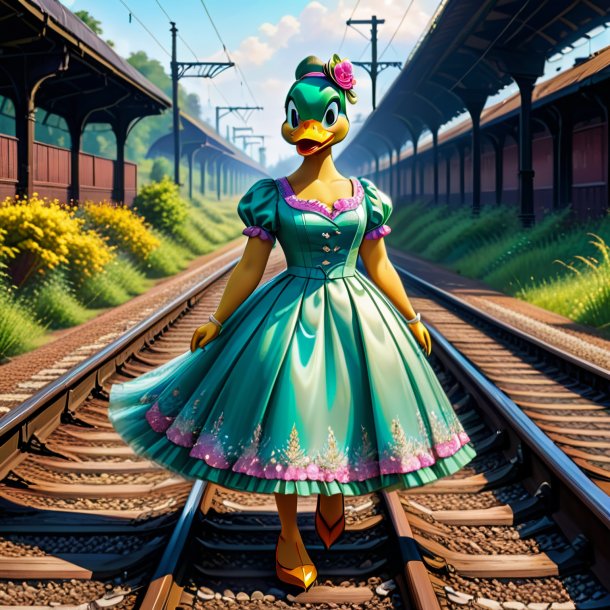 Dibujo del pato en el vestido sobre las vías del tren