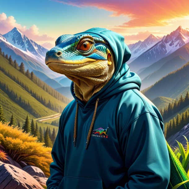 Drawing of a monitor lizard in a hoodie in the mountains