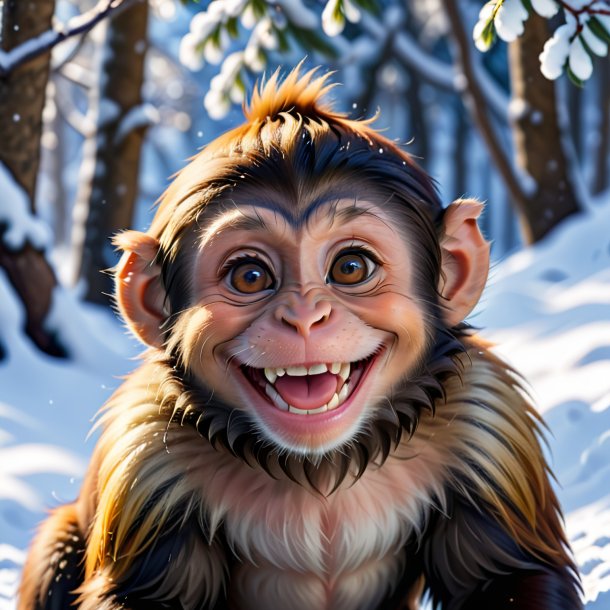 Image of a smiling of a monkey in the snow