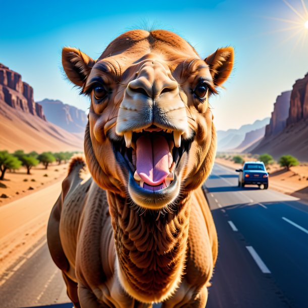 Picture of a smiling of a camel on the road