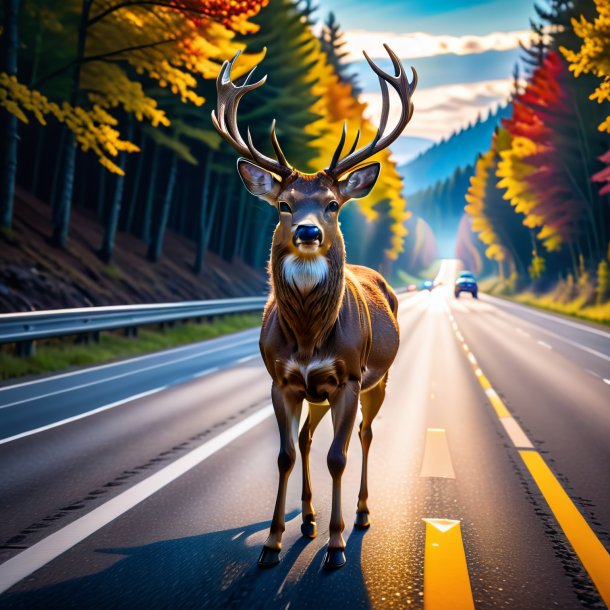 Image of a deer in a belt on the highway