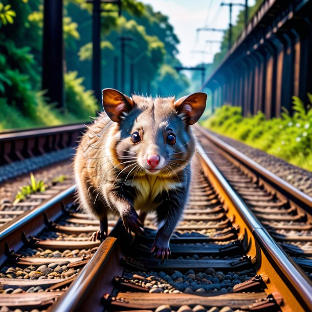 Foto de la natación de una zarigüeya en las vías del ferrocarril