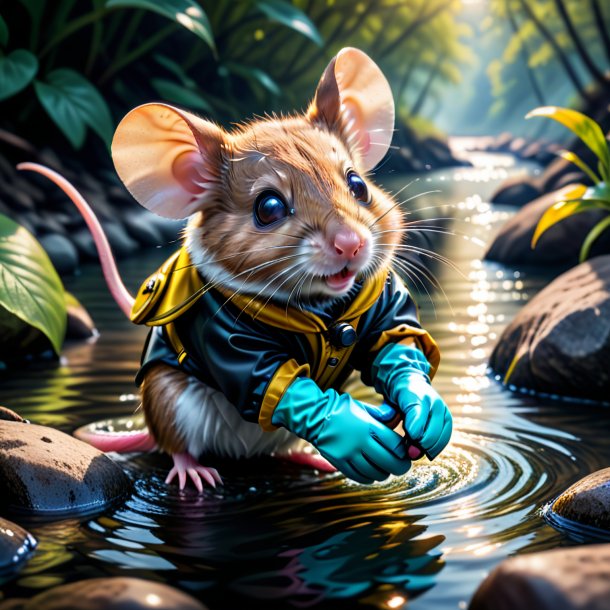 Photo of a mouse in a gloves in the river