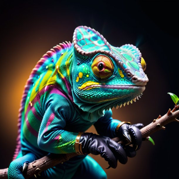 Picture of a chameleon in a black gloves